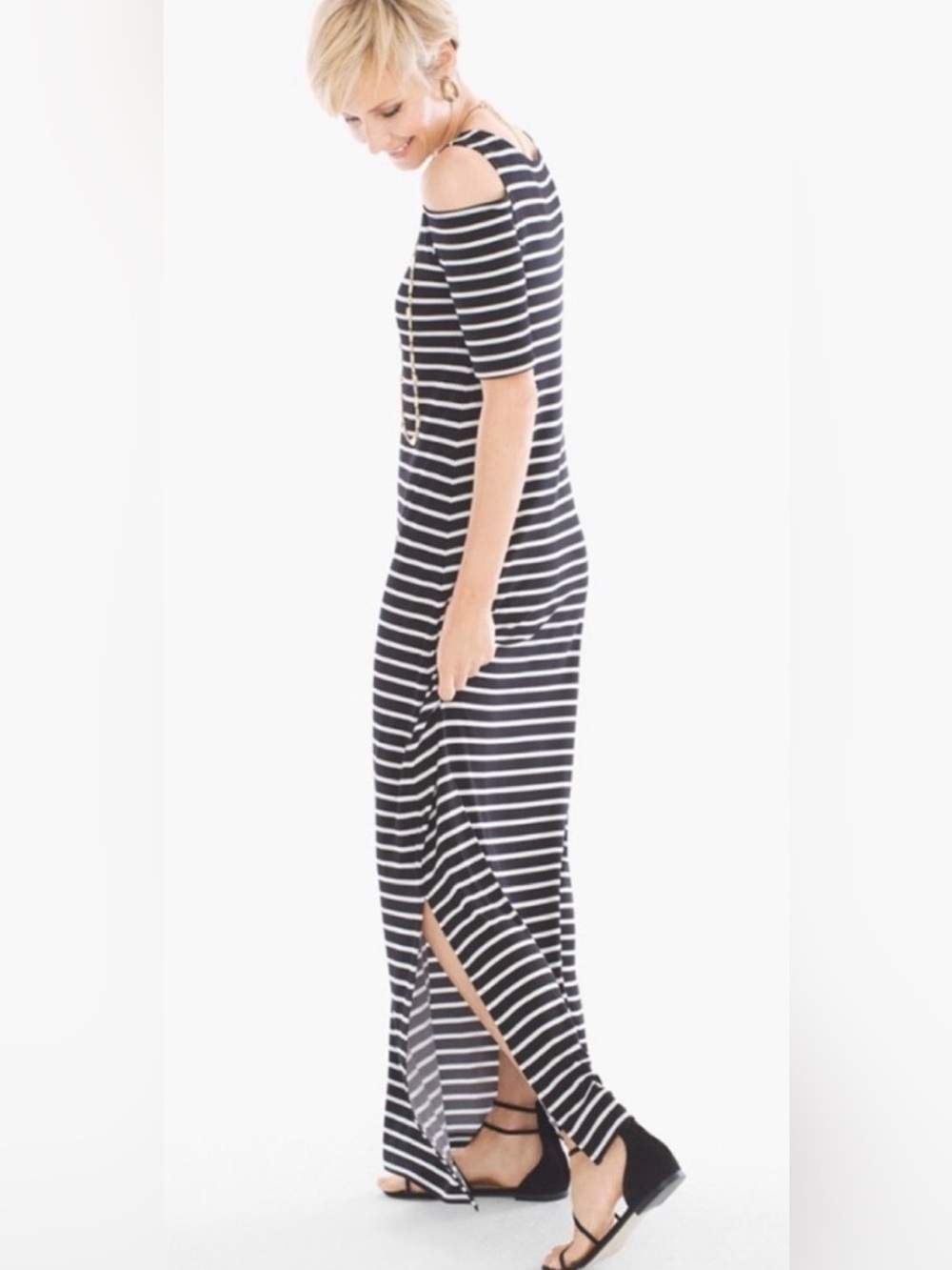 Chico’s Black/White Striped Cold Shoulder Maxi Dress Side Slit Chico’s P1 =M